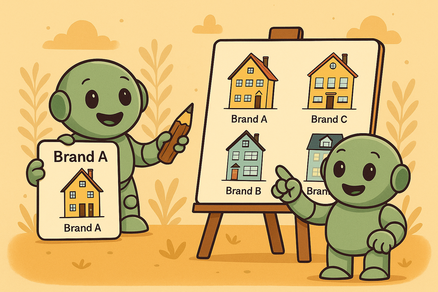Zwei Nameros zeigen auf ein Flipchart mit verschiedenen Häusern, die Marken wie „Brand A“ oder „Brand C“ darstellen – anschauliche Darstellung von Markenarchitekturen.