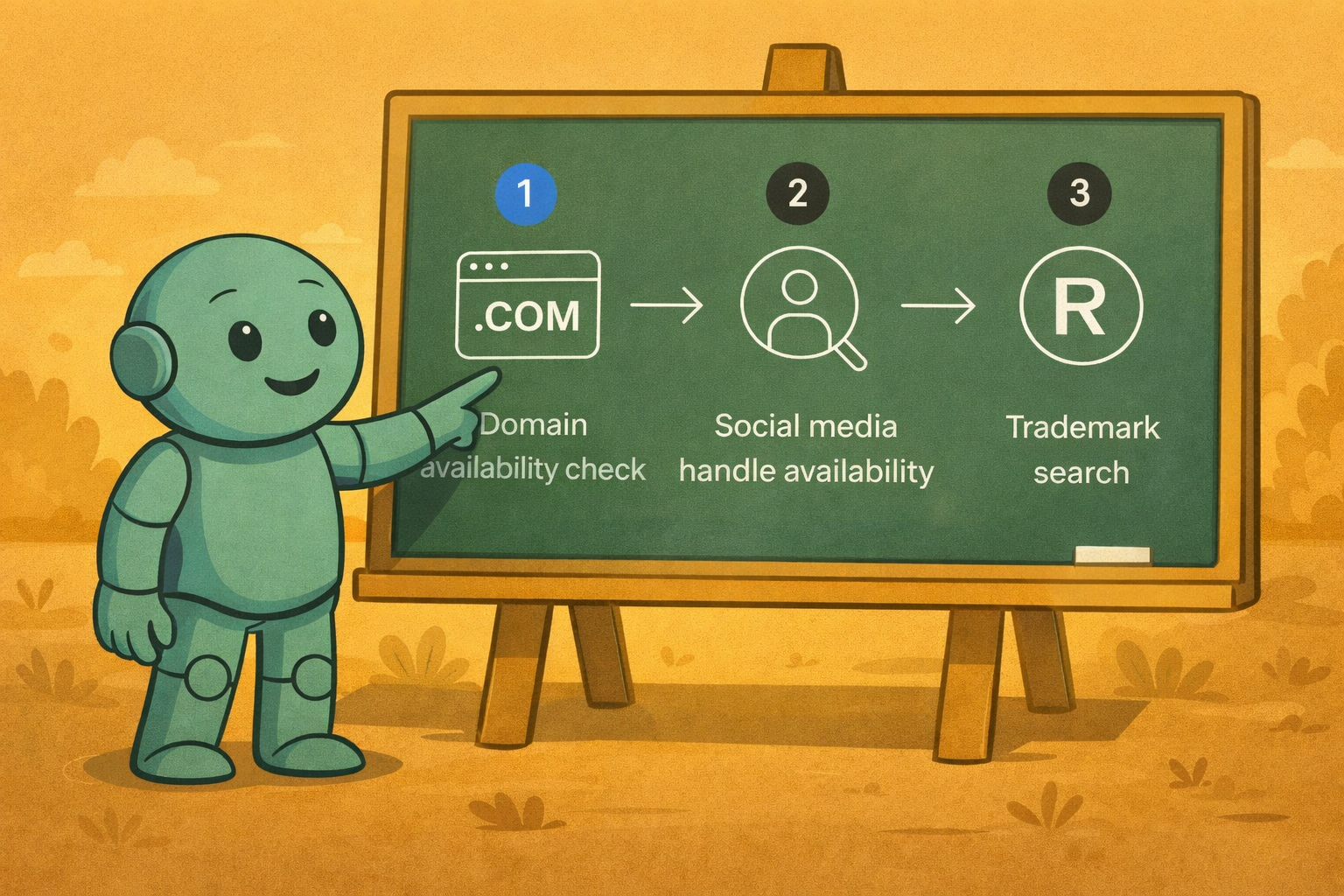 Illustration von Namero vor einer Tafel mit Domain Check, Social Media Handle Suche und Trademark Search.