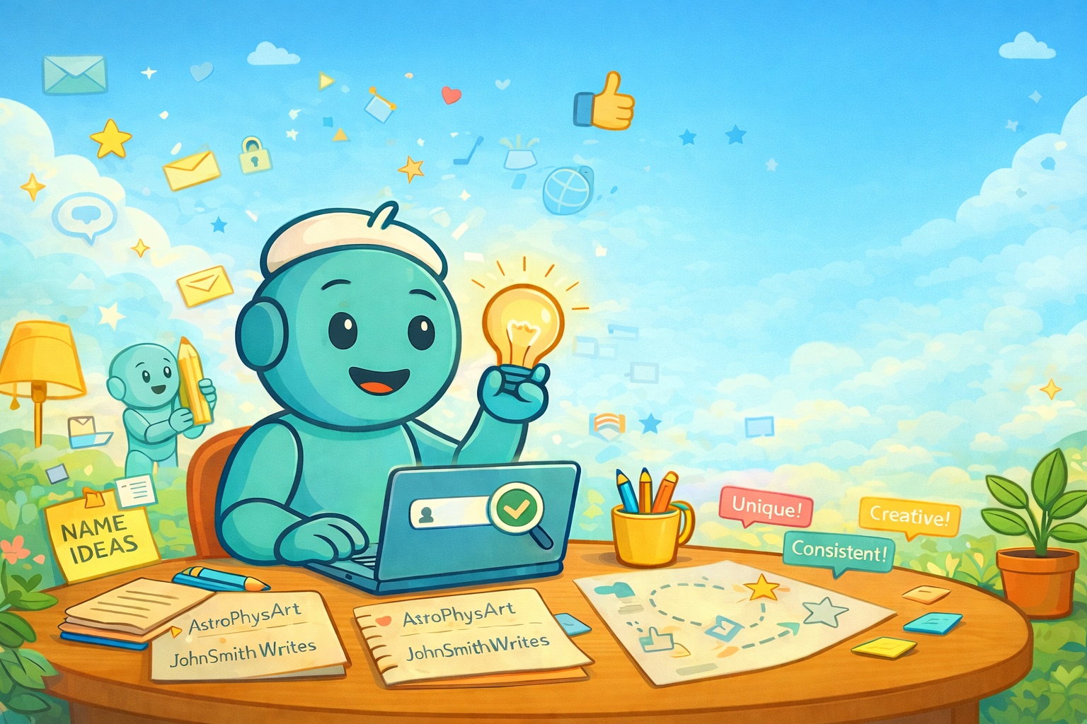 Illustration von Namero am Schreibtisch mit Laptop, Gluehbirne und mehreren Namensideen fuer kreative Usernames.