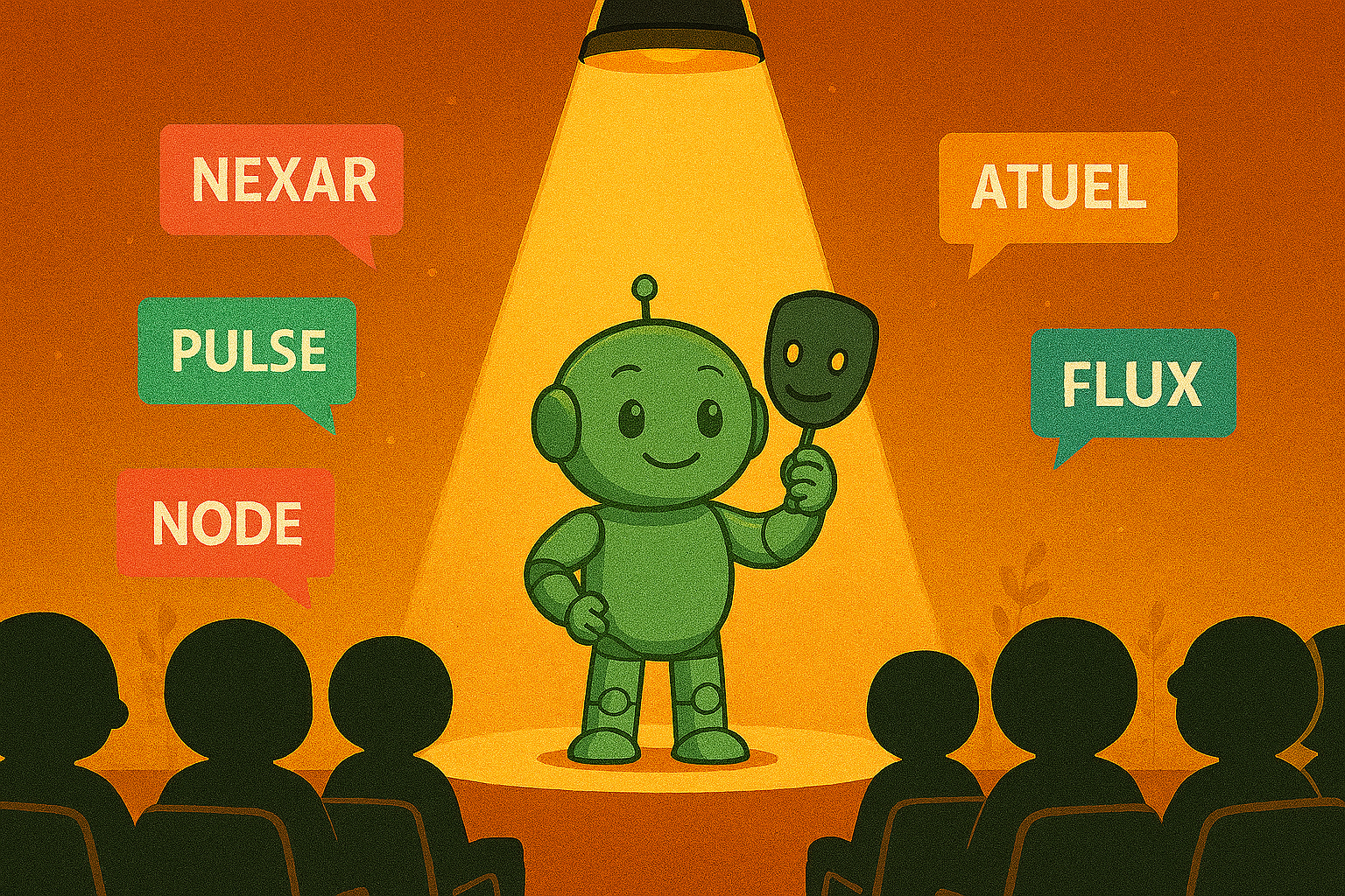 Namero präsentiert kreative Künstlernamen auf der Bühne Namero steht im Rampenlicht mit einer Theatermaske in der Hand, umgeben von Namensvorschlägen wie „Nexar“ und „Flux“ – Symbol für Bühnen- und Markennamen.