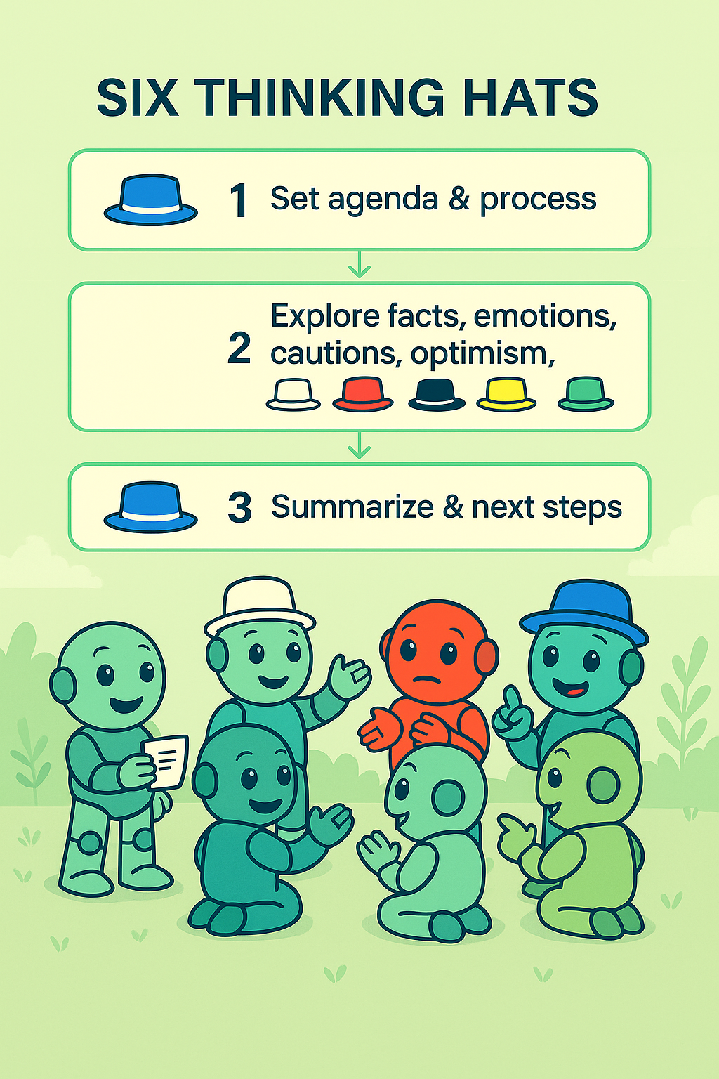 Infografik zu den Six Thinking Hats mit drei Schritten und mehreren Namero Figuren in einer Diskussionsrunde.