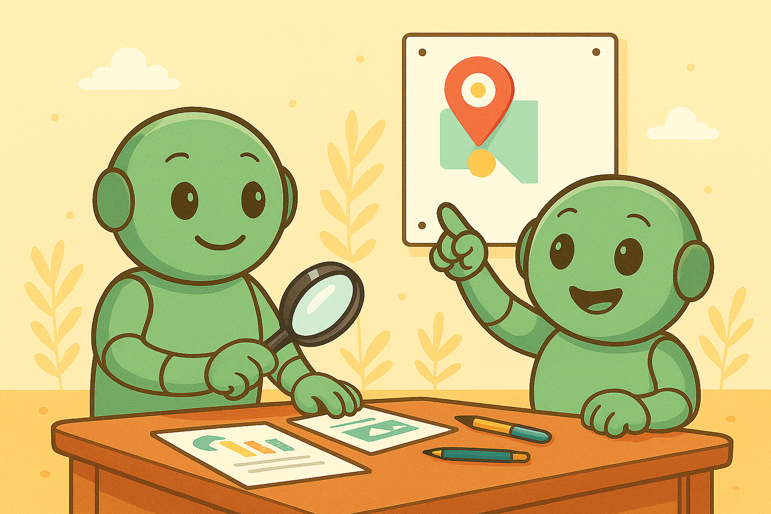Zwei Namero-Roboter sitzen an einem Tisch mit Diagrammen und einer Lupe. Einer zeigt auf eine Wandkarte mit Standortmarkierung. Das Bild symbolisiert die Analyse von Zielgruppen und die strategische Positionierung einer Marke.