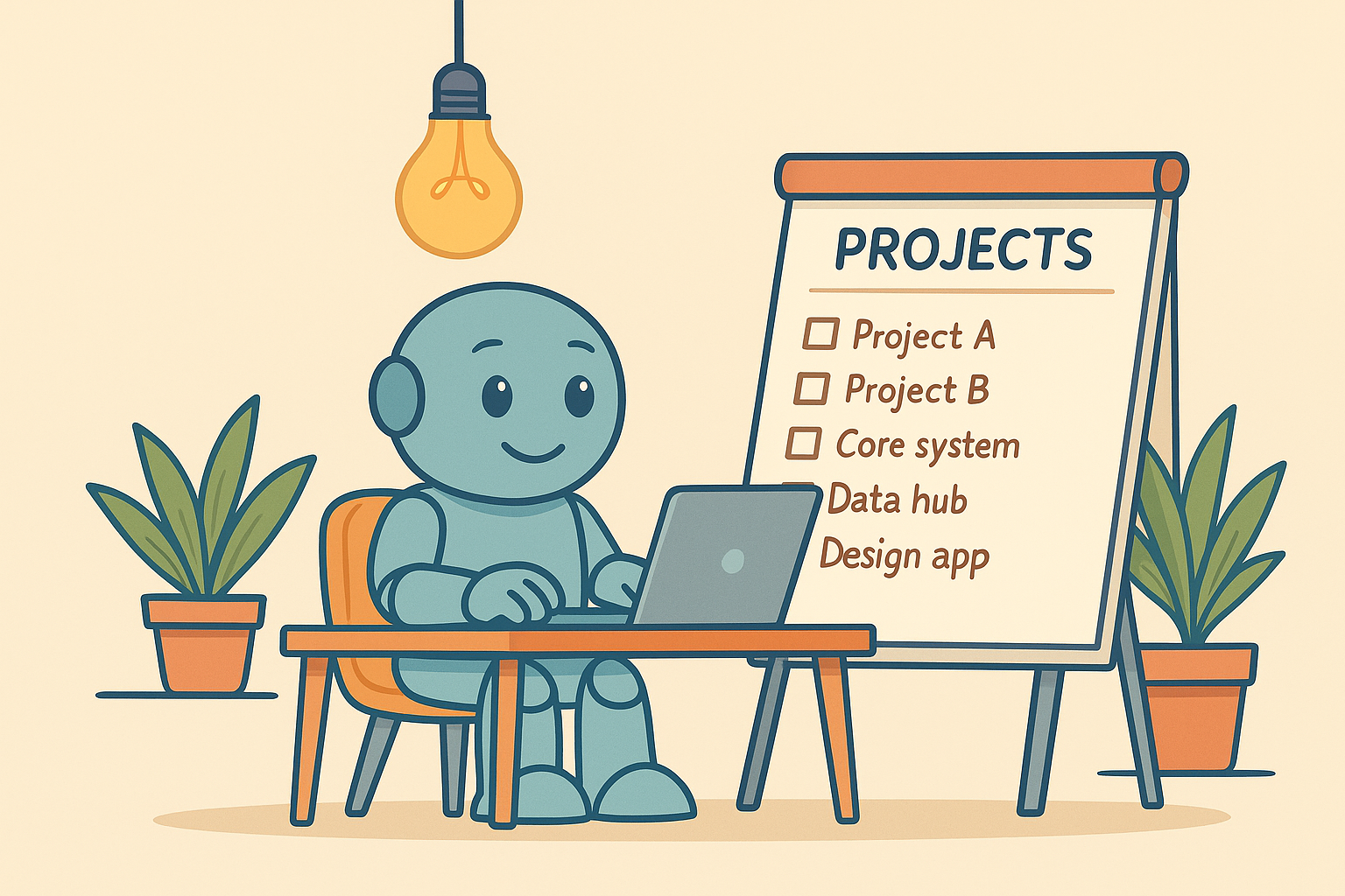 Namero sitzt an einem Laptop unter einer Glühbirne, neben ihm eine Flipchart mit der Überschrift „Projects“ und einer Liste von Aufgaben wie „Project A“, „Core system“ und „Design app“ – Sinnbild für strukturierte Projektplanung.