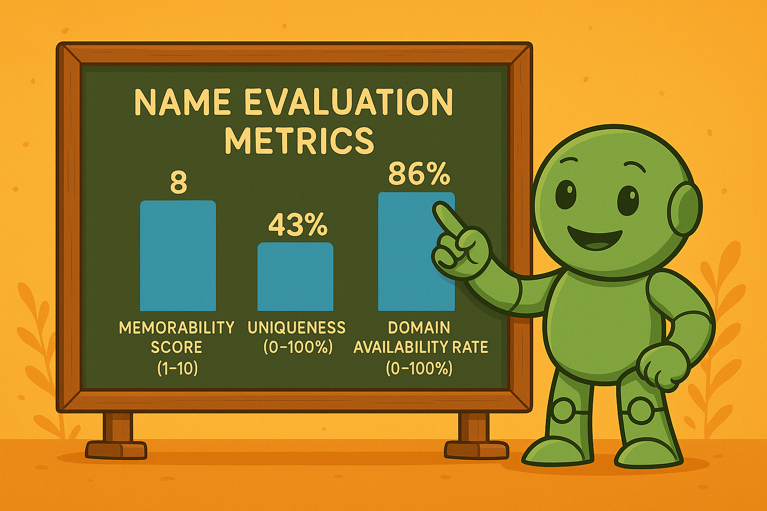 Namero präsentiert Bewertungsmetriken für Markennamen Namero steht vor einer Tafel mit Balkendiagrammen zu „Memorability Score“, „Uniqueness“ und „Domain Availability Rate“. Der Name erreicht 8 von 10 Punkten in Merkfähigkeit, 43 % Einzigartigkeit und 86 % verfügbare Domains.