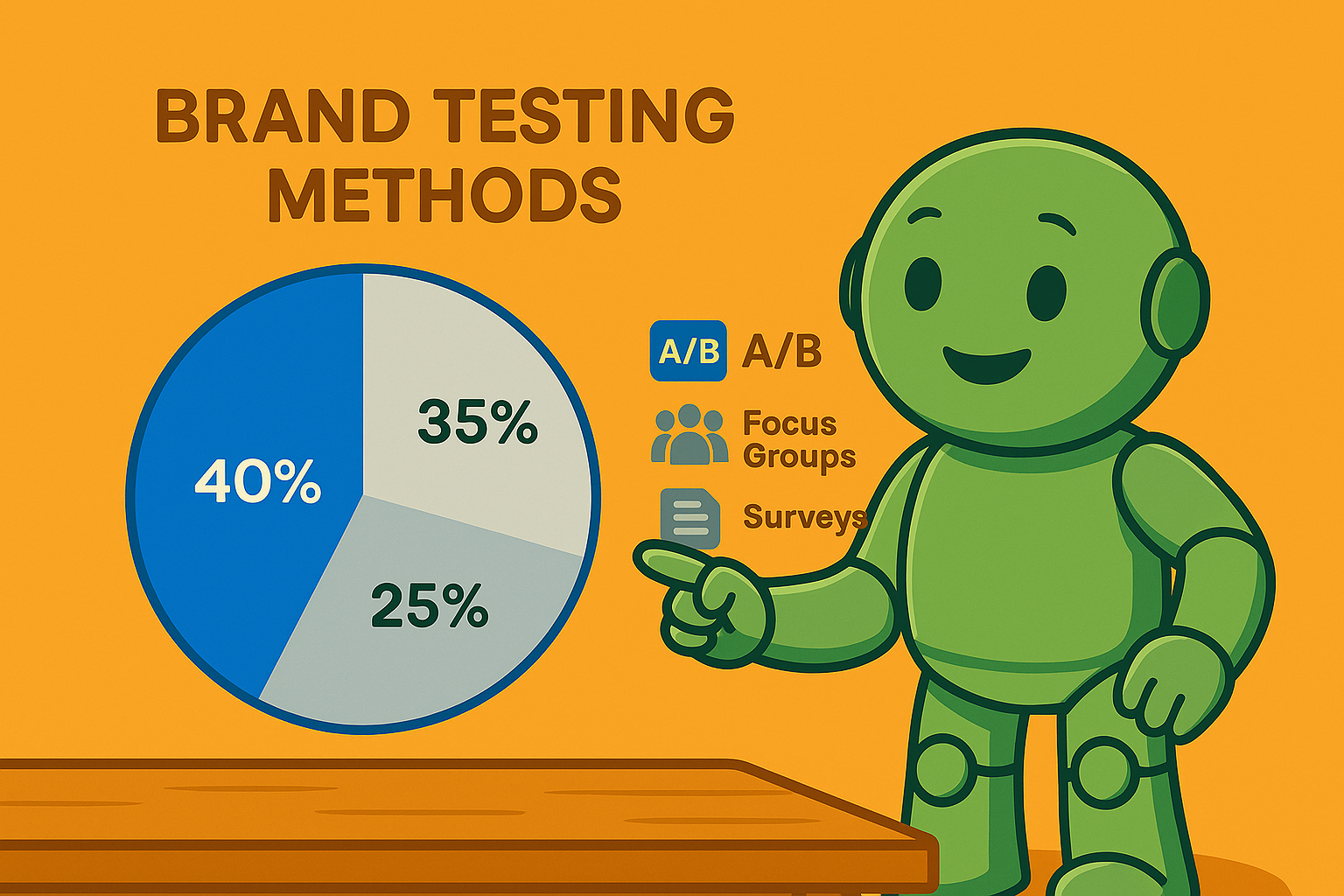 Methoden zur Namensbewertung im Vergleich Namero zeigt auf ein Tortendiagramm, das die Verteilung von drei Testmethoden zur Markenbewertung zeigt: 40 % A/B-Tests, 35 % Fokusgruppen, 25 % Umfragen.