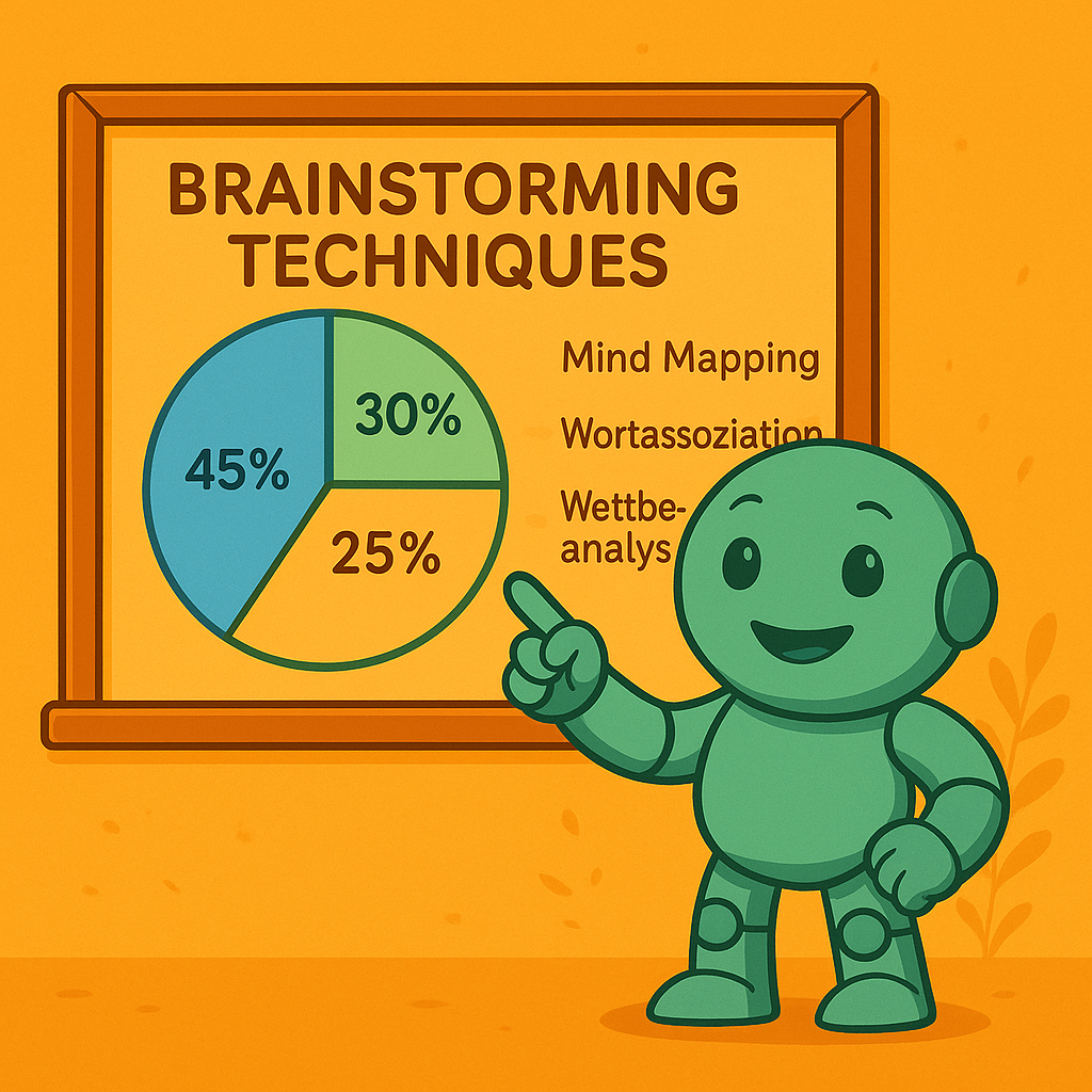 Namero präsentiert Brainstorming-Methoden Namero steht vor einer Tafel mit einem Kreisdiagramm, das die Techniken Mind Mapping (45 %), Wortassoziation (30 %) und Wettbewerbsanalyse (25 %) zeigt.