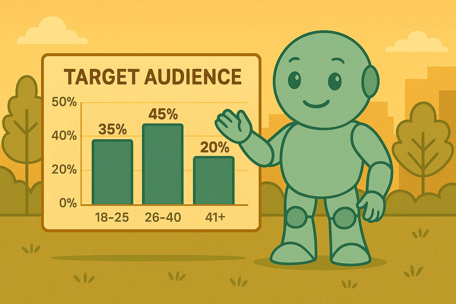 Zielgruppe im Blick: Namero präsentiert die Altersverteilung Namero steht im Freien vor einem Diagramm mit dem Titel „Target Audience“, das die Altersgruppen 18–25 (35 %), 26–40 (45 %) und 41+ (20 %) zeigt – Symbol für datenbasierte Zielgruppenanalyse im Branding.