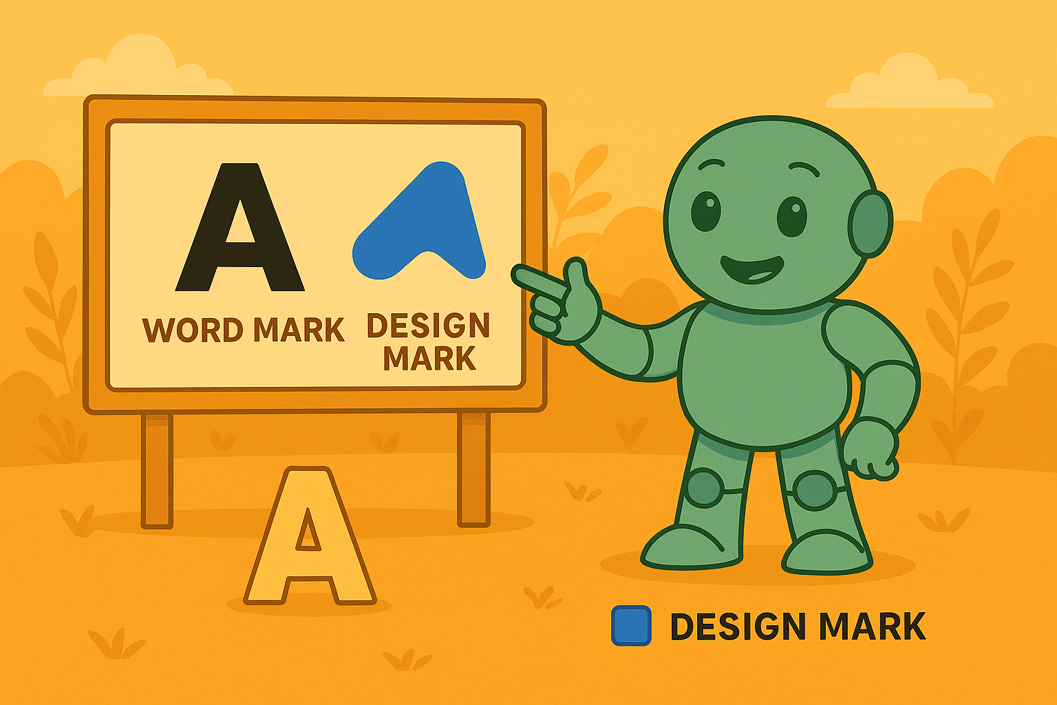 Wortmarke vs. Bildmarke verständlich erklärt Namero zeigt auf ein Schild mit einem großen „A“ für die Wortmarke und einem stilisierten blauen Logo für die Bildmarke – eine einfache visuelle Unterscheidung zwischen Markenformen.