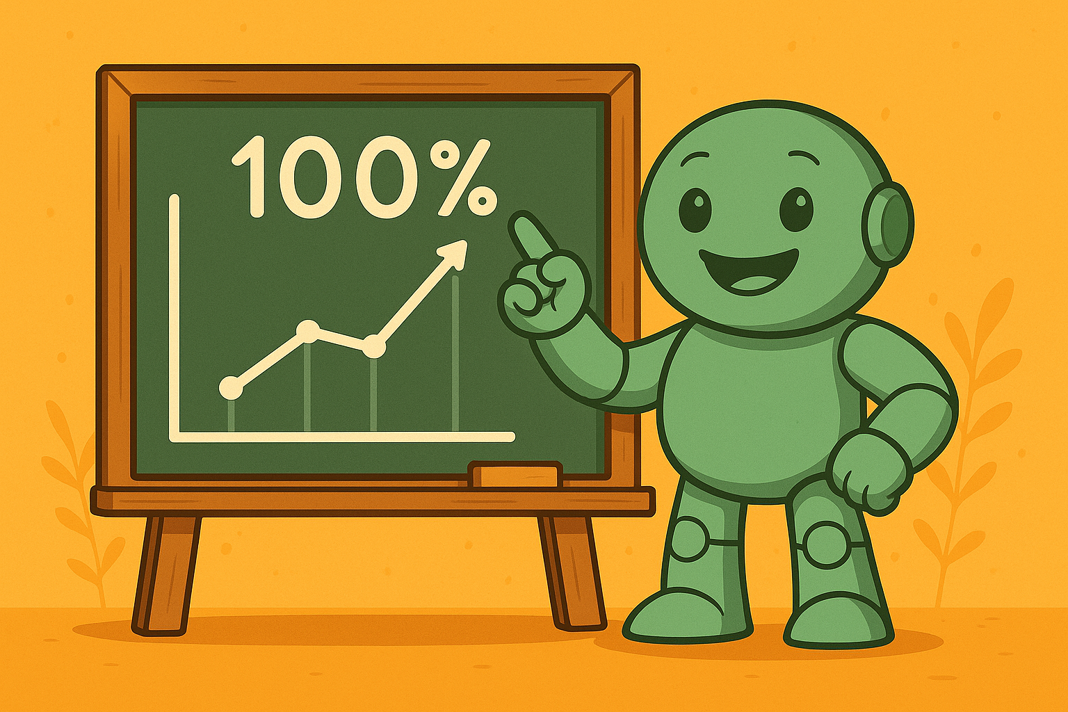 100 % Namens-Erfolg Namero zeigt auf eine Tafel mit einem steigenden Diagramm und der Aufschrift „100 %“ – Symbol für maximale Effektivität bei der Namensfindung.