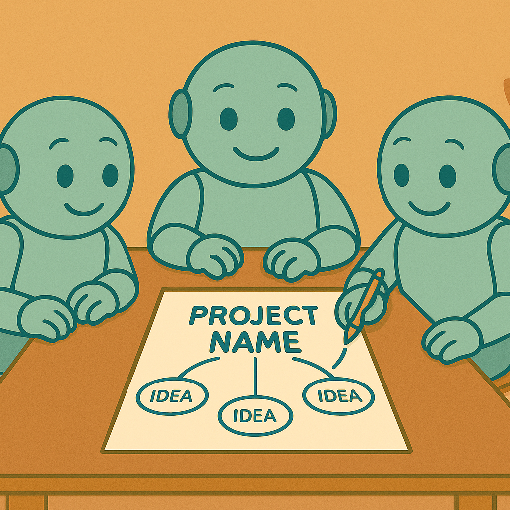 Drei Namero-Roboter sitzen um ein Blatt mit der Überschrift „Project Name“, aus dem sich drei „IDEA“-Kreise verzweigen – Symbol für einen strukturierten kreativen Prozess zur Namensfindung im Team.