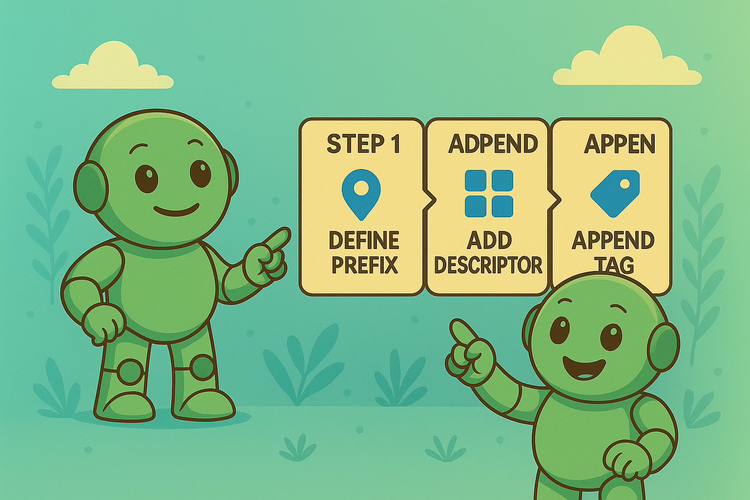 Namensstrategie: So entsteht ein systematischer Name Zwei Namero-Roboter zeigen auf ein dreiteiliges Diagramm mit den Schritten zur Namensbildung: 1. Prefix definieren, 2. Deskriptor hinzufügen, 3. Tag anhängen. Die Roboter wirken erklärend und freundlich.