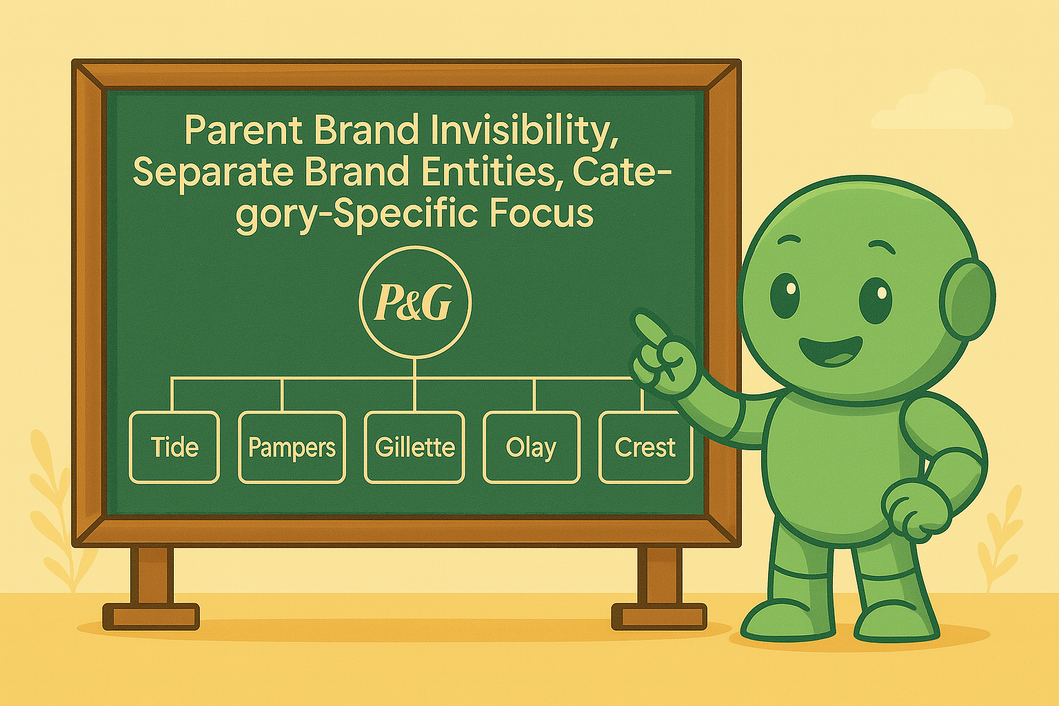 Namero zeigt auf eine Tafel mit dem Markenbaum von P&G, inklusive Tide, Pampers, Gillette, Olay und Crest – Beispiel für eine hierarchische Markenstrategie.