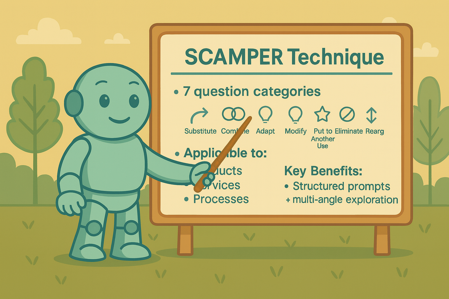 SCAMPER-Technik: Kreative Ideenfindung mit 7 Fragetechniken Illustration mit Namero, dem Maskottchen von NameRobot, das auf ein Flipchart mit der Überschrift „SCAMPER Technique“ zeigt. Darauf sind sieben Fragekategorien (Substitute, Combine, Adapt, Modify, Put to Another Use, Eliminate, Rearrange) sowie Anwendungsbereiche und Vorteile dargestellt.