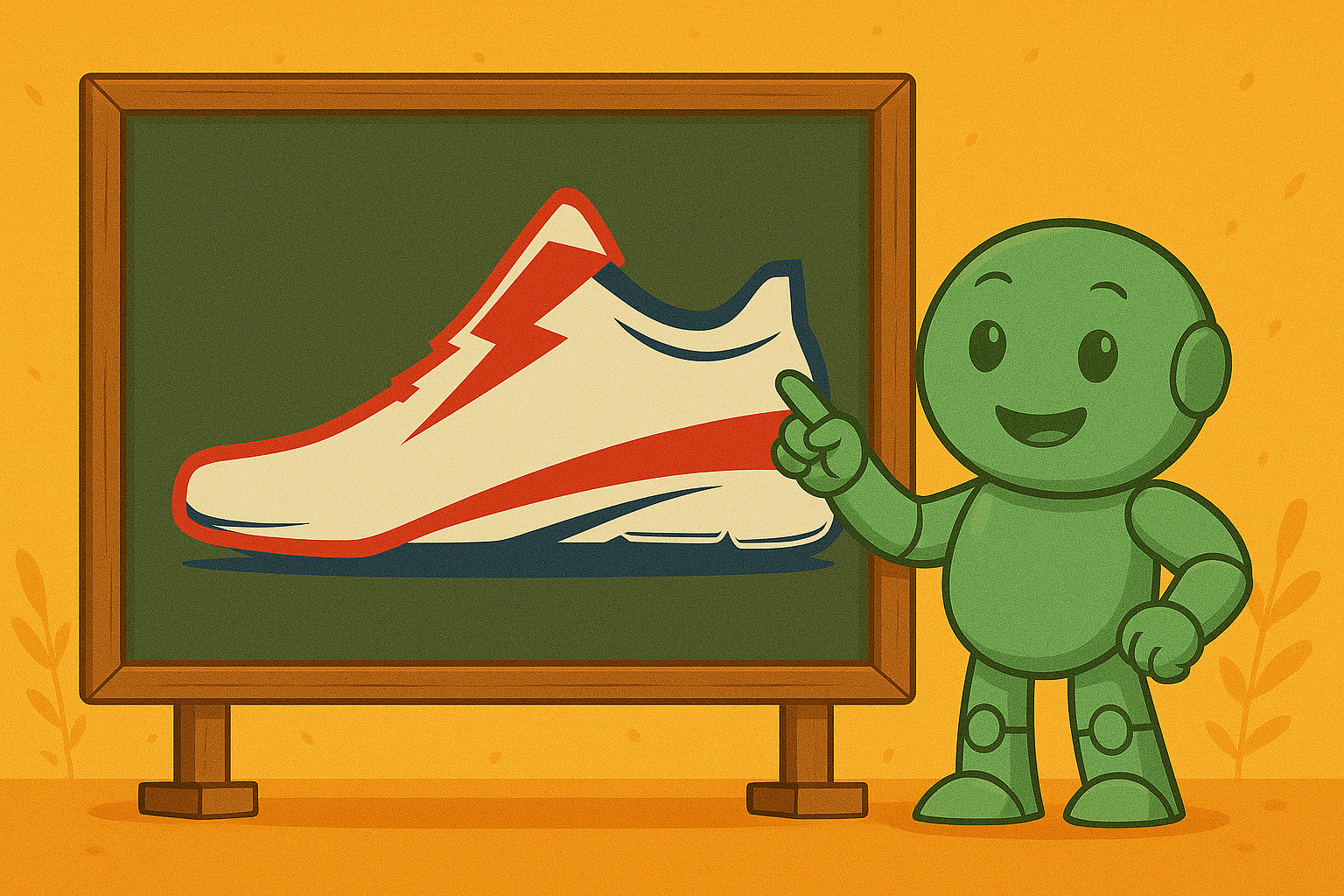 Namero zeigt auf eine Tafel mit einem stilisierten Sportschuh und einem Blitzsymbol – Symbol für metaphorisch-suggestive Markennamen.