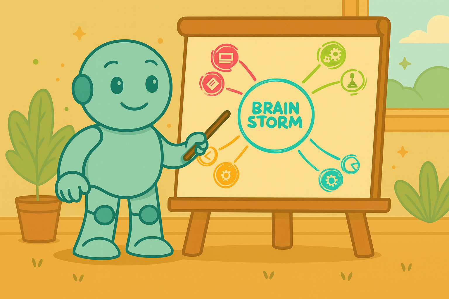 Kreatives Brainstorming mit Mindmap-Methoden Illustration mit Namero, dem Maskottchen von NameRobot, das auf ein Flipchart mit einer Mindmap zeigt. In der Mitte steht „Brainstorm“, von dort gehen farbige Linien zu Symbolen wie Chat, Zahnrädern und Personen.