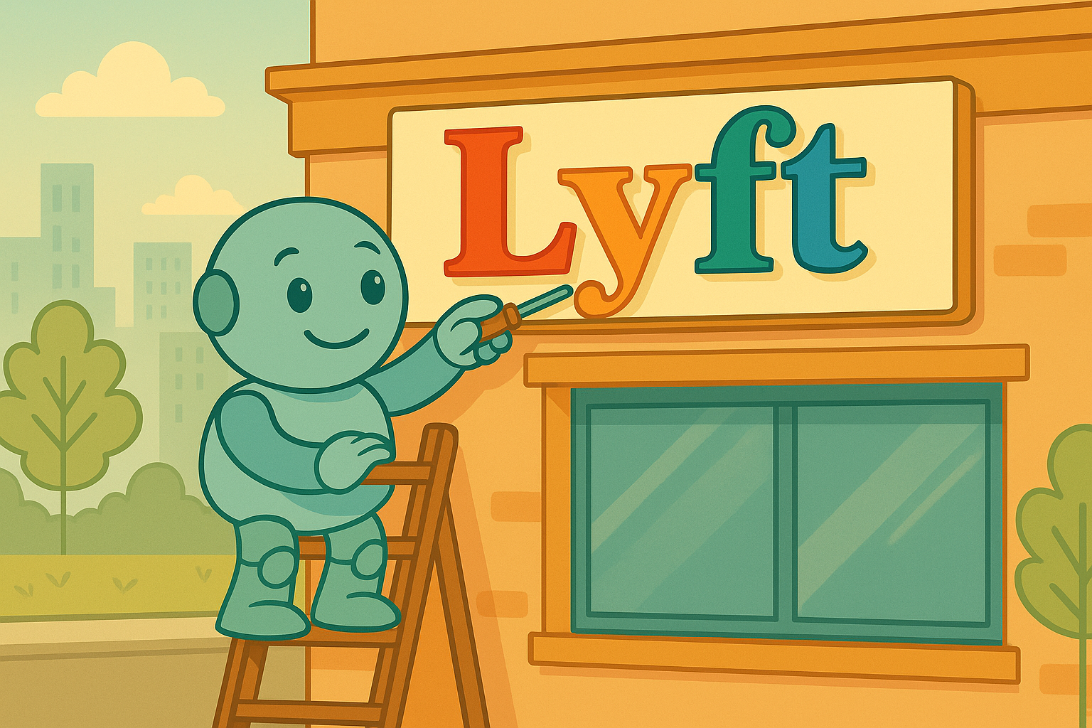 Namero gestaltet Markenidentität: Ein Name bekommt Farbe Namero steht auf einer Leiter und bemalt ein Geschäftsschild mit dem Namen „Lyft“ in bunten Farben – eine Darstellung für Branding, kreative Namensgestaltung oder Rebranding-Prozesse.