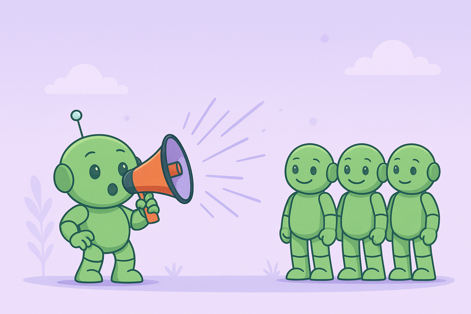 Namero kommuniziert klar mit seiner Zielgruppe Namero spricht durch ein Megafon zu drei anderen Robotern, die aufmerksam zuhören – symbolisiert starke Markenkommunikation.