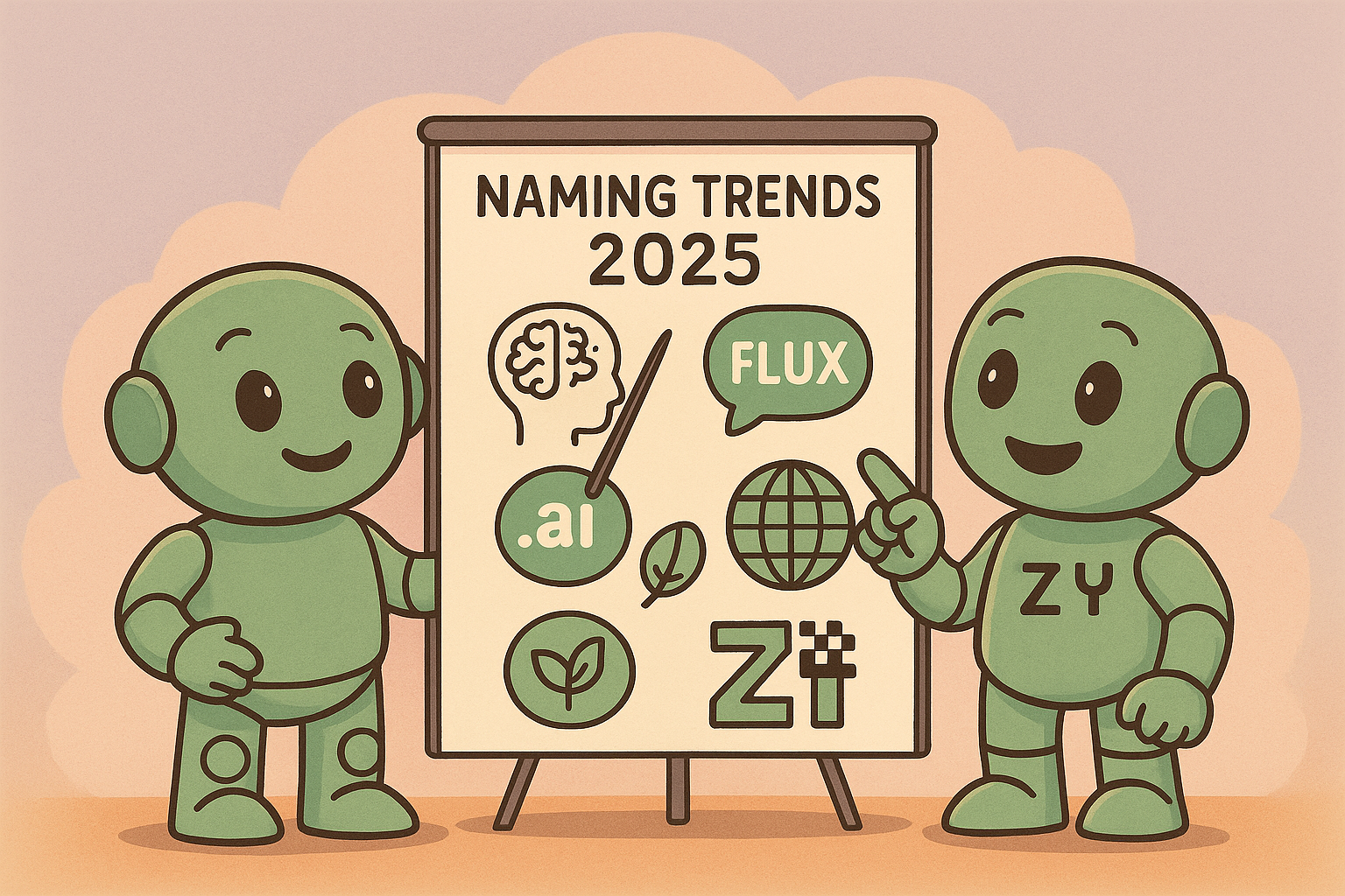 Namens-Trends 2025 auf einen Blick Zwei Namero-Roboter stehen vor einem Flipchart mit der Überschrift „Naming Trends 2025“. Auf dem Flipchart sind Symbole wie „.ai“, „FLUX“, ein Globus, ein Blatt und das ZY-Zeichen abgebildet. Einer der Roboter trägt das Kürzel „ZY“ auf dem Arm.