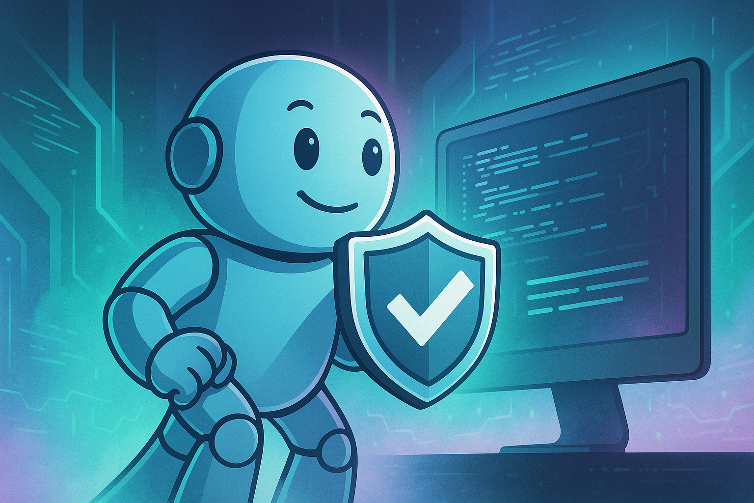 Namero schützt den Code: Sicherheit in der digitalen Welt Namero steht vor einem Computerbildschirm mit Codezeilen und hält ein Schild mit Haken-Symbol – eine Darstellung für Datenschutz, IT-Sicherheit oder sichere Softwareentwicklung.