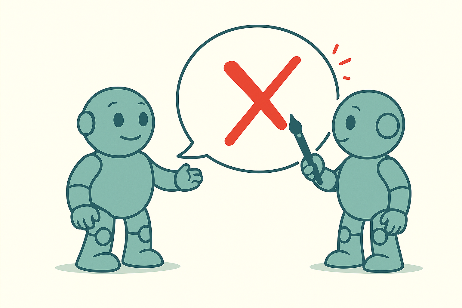 Zwei Namero-Roboter stehen sich gegenüber. Einer zeigt mit einem Marker auf ein großes rotes X in einer Sprechblase – Symbol für Ablehnung, Warnung oder die Vermeidung eines problematischen Markennamens.