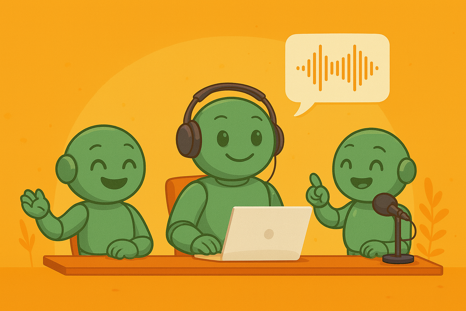 Namero-Team bei der gemeinsamen Podcast-Produktion Drei Nameros sitzen an einem Tisch, einer trägt Kopfhörer und arbeitet am Laptop, die anderen sprechen ins Mikrofon – symbolische Darstellung einer Podcast-Aufnahme.