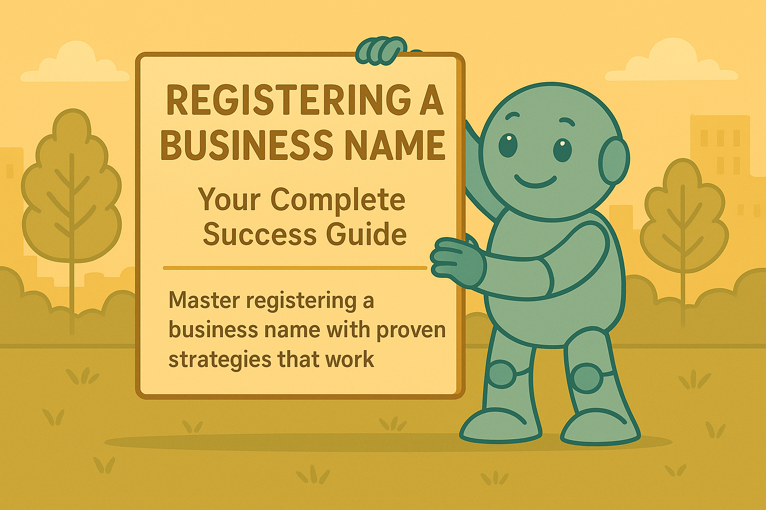 Geschäftsname erfolgreich registrieren: Der komplette Erfolgsleitfaden Namero hält ein großes Schild mit dem Text „Registering a Business Name – Your Complete Success Guide“. Darunter: „Master registering a business name with proven strategies that work“ – Symbol für Schritt-für-Schritt-Anleitungen zur erfolgreichen Namensregistrierung.