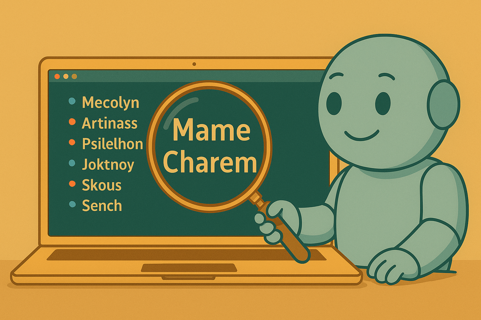 Namero auf Namenssuche: Ein kreativer Blick durchs Vergrößerungsglas Namero hält eine Lupe vor einen Laptopbildschirm mit einer Liste fantasievoller Namensvorschläge. „Mame Charem“ ist hervorgehoben – Symbol für die Auswahl des passenden Markennamens.