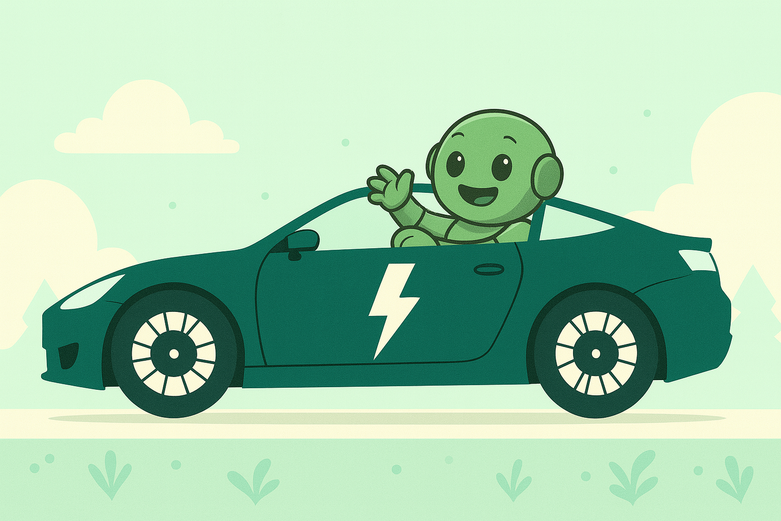 Namero winkt fröhlich aus einem dunkelgrünen Elektroauto mit Blitzsymbol auf der Seite – unterwegs in nachhaltiger Mission.