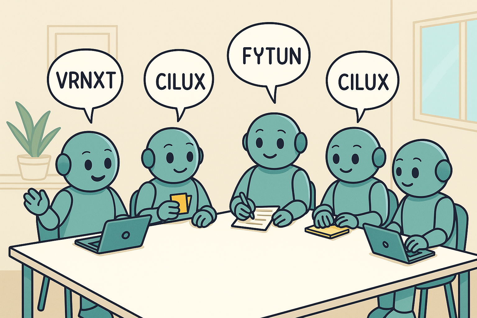 Fünf Namero-Roboter sitzen an einem Tisch mit Laptops, Kaffeetasse und Notizblock. Sie schlagen fiktive Namen wie „VRNXT“, „CILUX“ und „FYTUN“ vor – eine humorvolle Darstellung eines kreativen Namensbrainstormings.
