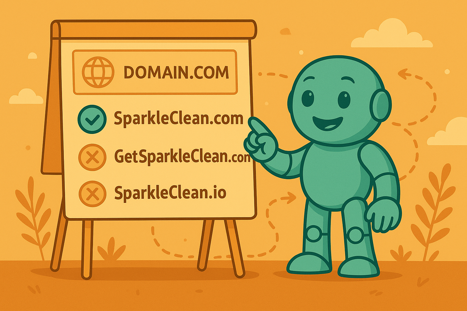 Namero präsentiert Domain-Auswahl Namero zeigt auf ein Flipchart mit drei Domain-Vorschlägen: SparkleClean.com (grün markiert), GetSparkleClean.com (rot markiert) und SparkleClean.io (rot markiert).