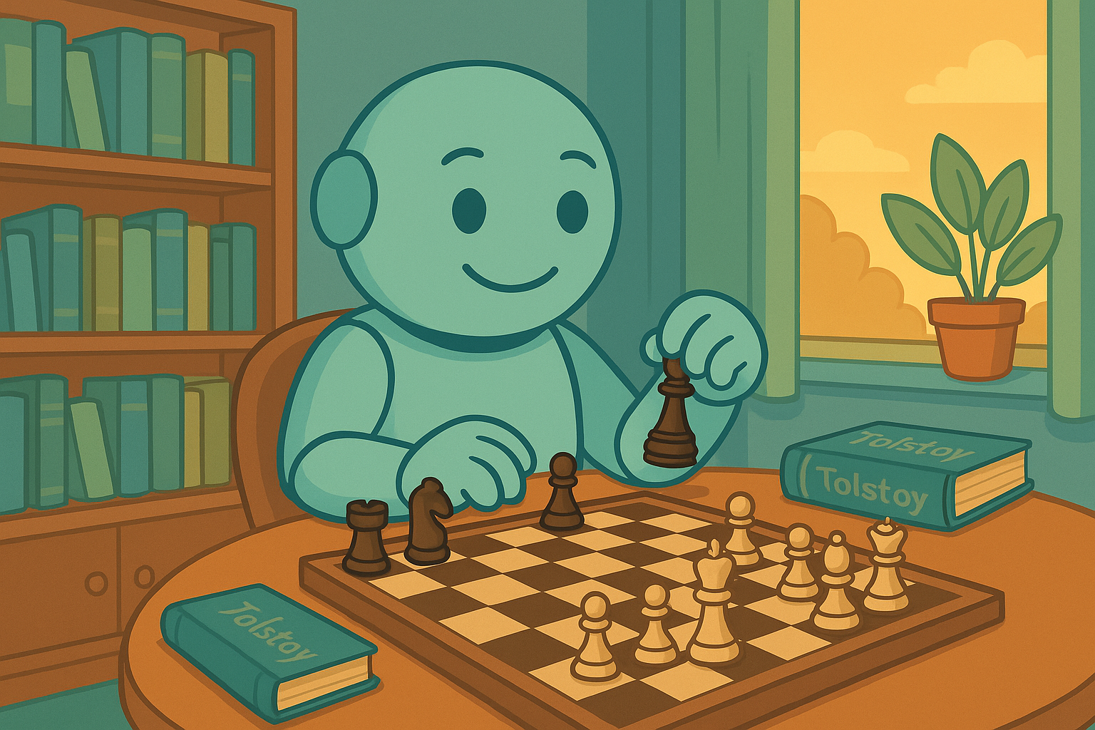 Strategie trifft Klassiker: Namero bei Schach und Tolstoi Namero sitzt in einer gemütlichen Bibliothek an einem Schachtisch und zieht eine Figur. Um ihn herum liegen Bücher mit dem Titel „Tolstoy“ – eine Szene, die strategisches Denken mit literarischer Tiefe verbindet.