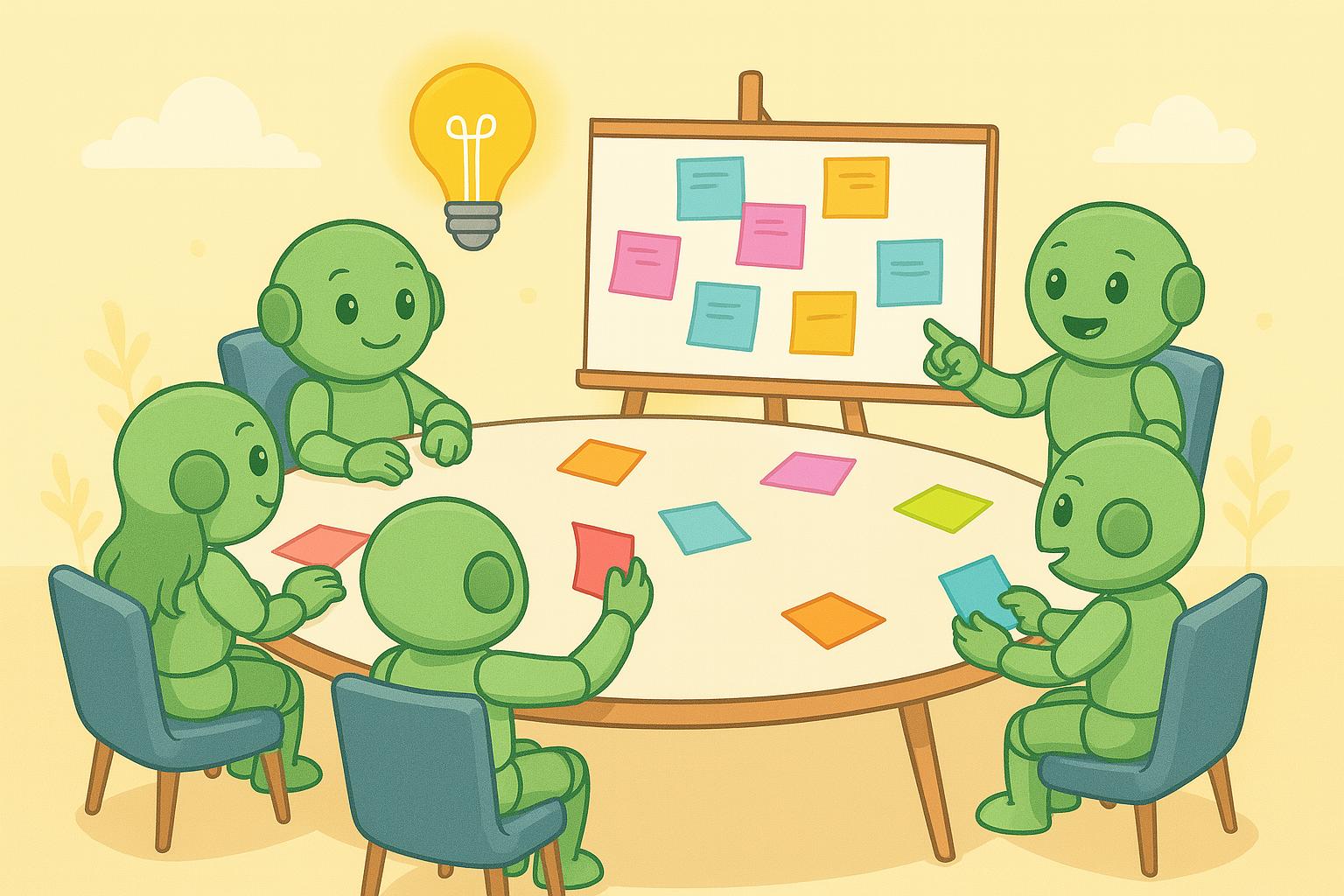Namero-Team im kreativen Marken-Workshop Fünf Nameros sitzen an einem runden Tisch und arbeiten mit bunten Notizzetteln, während ein weiterer auf ein Whiteboard mit Ideen zeigt – Szene eines kreativen Brainstormings.