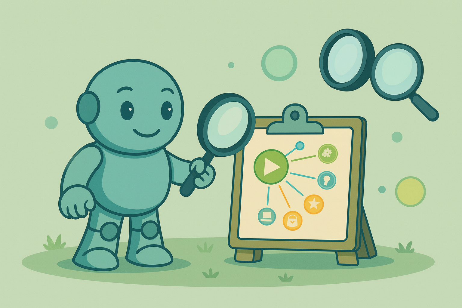 Analyse von Ideen und Konzepten mit visuellen Diagrammen Illustration mit Namero, dem Maskottchen von NameRobot, das mit einer Lupe ein Klemmbrett betrachtet. Auf dem Klemmbrett ist ein Diagramm mit Symbolen wie Pfeilen, Stern, Glühbirne und Play-Button zu sehen. Daneben schweben zwei weitere Lupen.