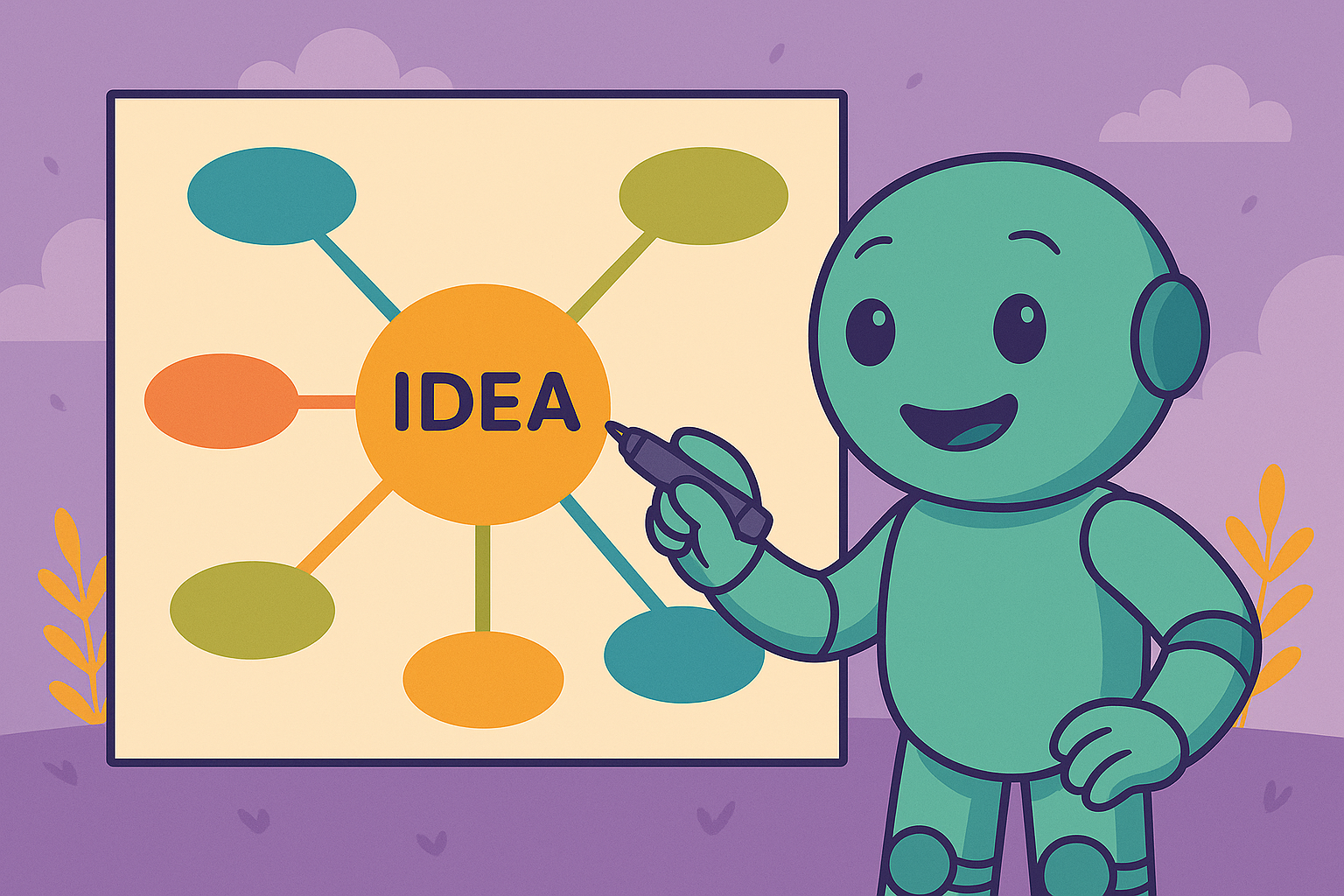 Illustration von Namero vor einer Mind Map mit dem Wort Idea und mehreren verbundenen Knoten.