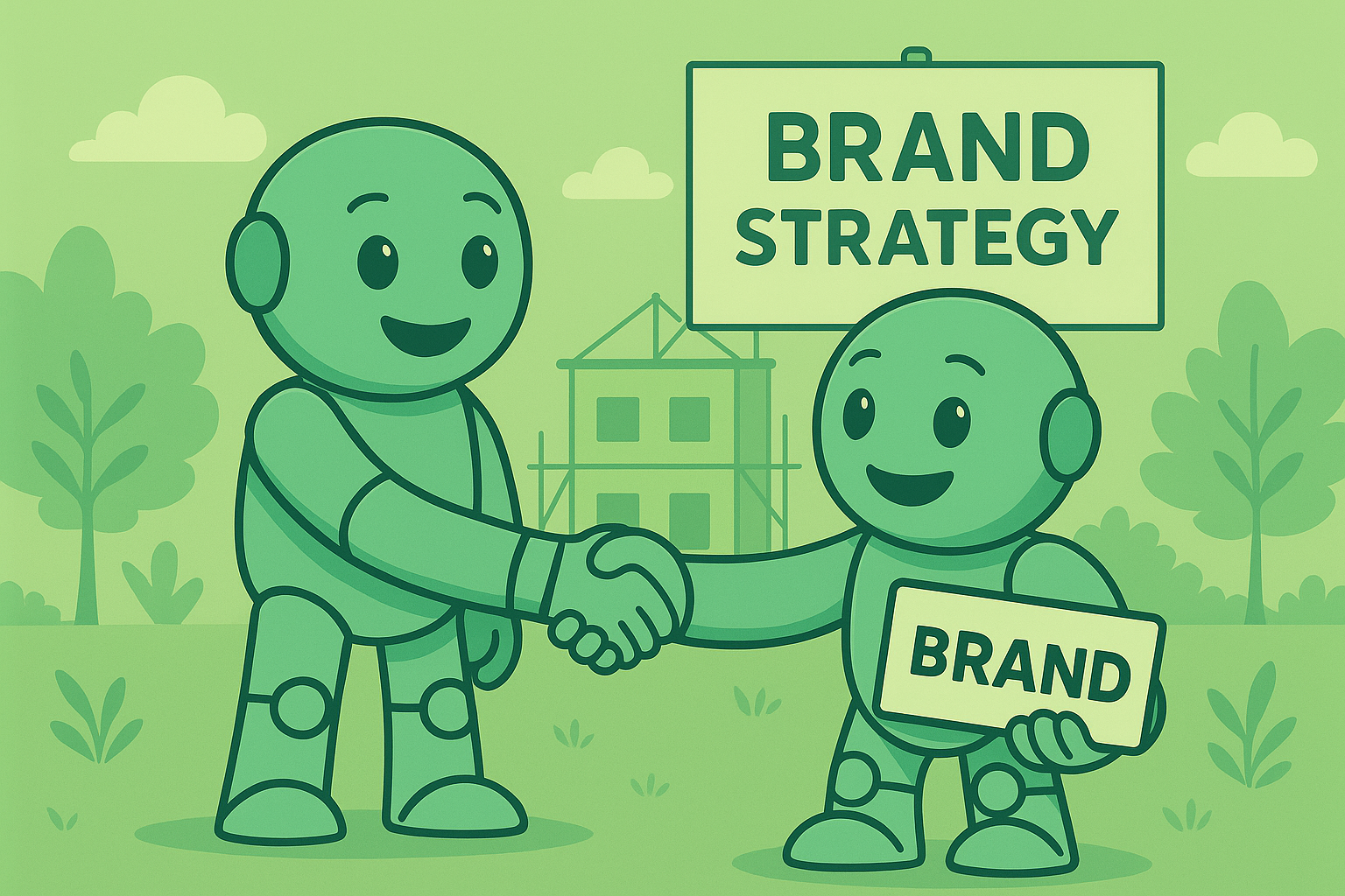 Zwei Namero-Roboter schütteln sich die Hand. Einer hält ein Schild mit der Aufschrift „Brand“, im Hintergrund steht ein großes Schild „Brand Strategy“.