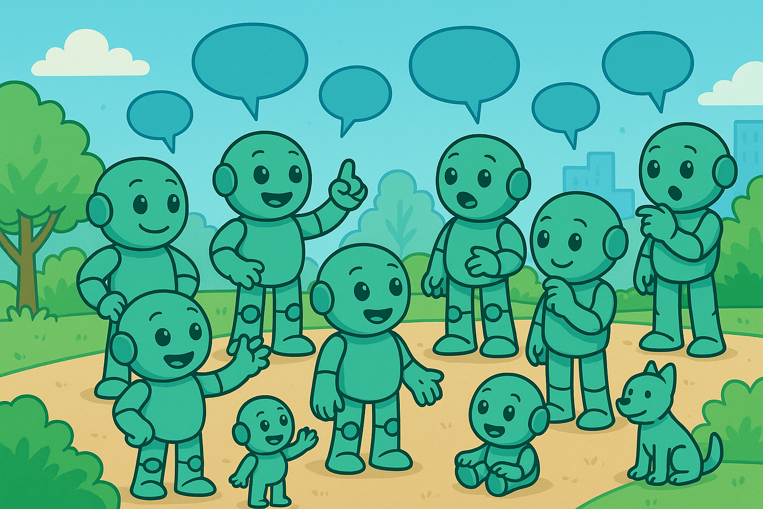 Team- und Gruppendiskussion: Ideen gemeinsam entwickeln Illustration mit mehreren Namero-Figuren, die im Park zusammenstehen und diskutieren. Über ihren Köpfen sind leere Sprechblasen zu sehen. Auch ein kleiner Namero und ein Hund sind Teil der Szene.