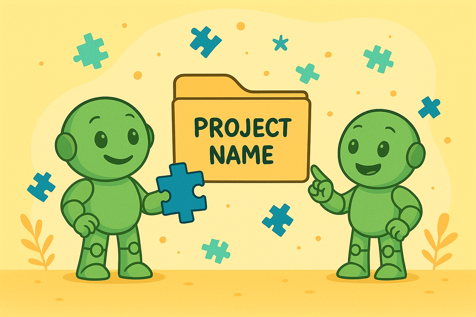 Den perfekten Projektnamen finden Zwei grüne Namero-Roboter stehen vor einem Ordner mit der Aufschrift „Project Name“. Einer hält ein Puzzleteil, der andere zeigt darauf. Um sie herum schweben weitere Puzzleteile. Das Bild symbolisiert die Suche nach einem passenden Projektnamen.