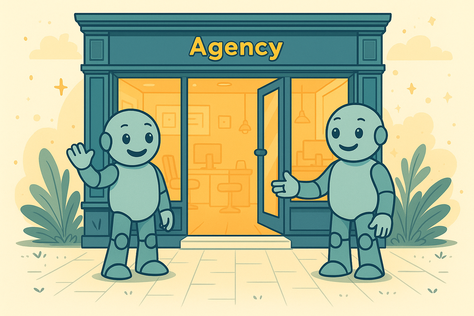 Willkommen bei der Agentur: Namero öffnet die Tür zur Markenwelt Zwei Namero-Roboter stehen vor dem Eingang einer stilvollen Agentur mit der Aufschrift „Agency“. Einer winkt, der andere begrüßt mit ausgestrecktem Arm – Symbol für Offenheit, Beratung und Markenentwicklung.