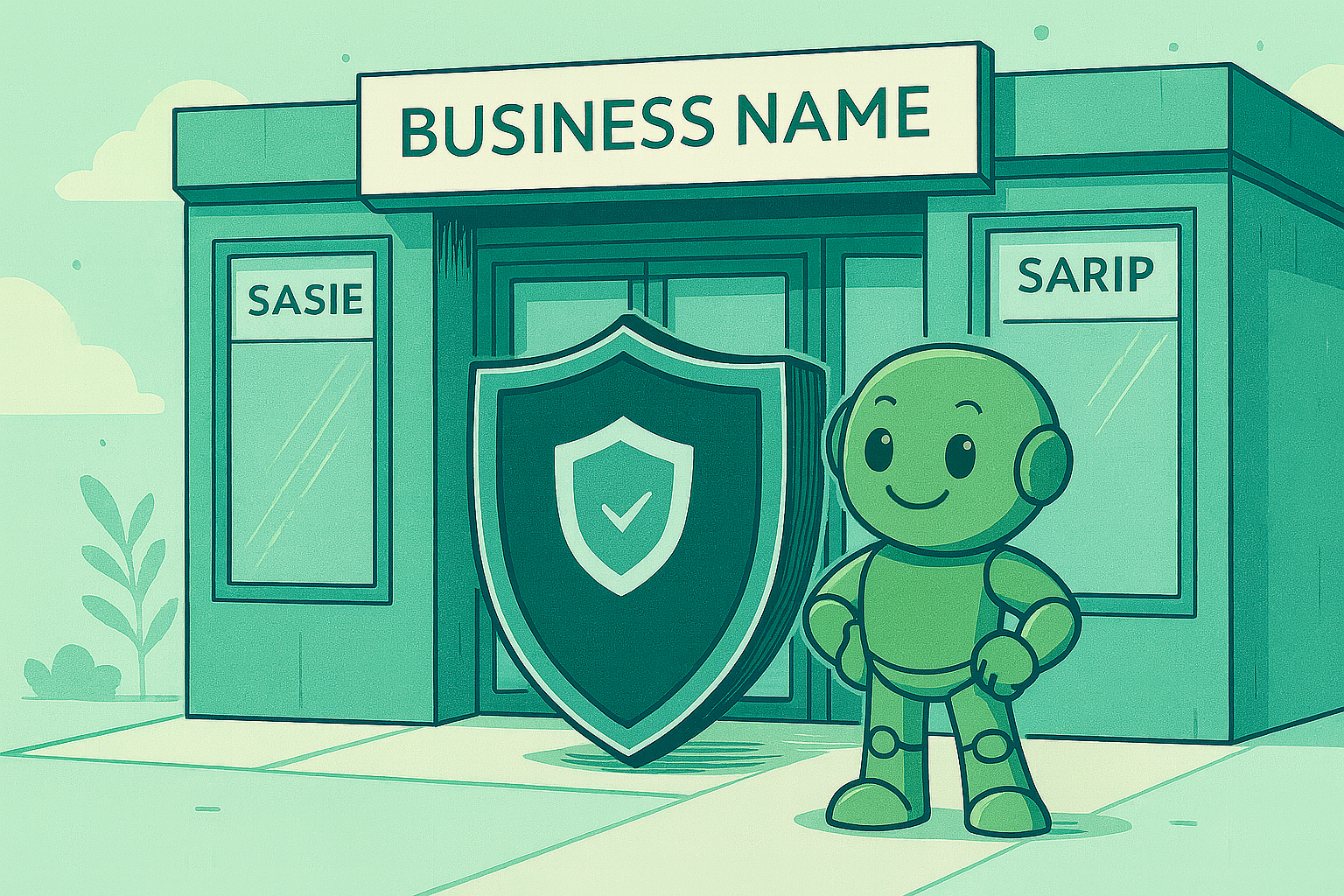 Namero schützt einen Firmennamen mit Markenrecht Namero steht vor einem Gebäude mit dem Schild „Business Name“ und einem großen Schutzschild – Symbol für den rechtlichen Schutz von Unternehmensnamen.