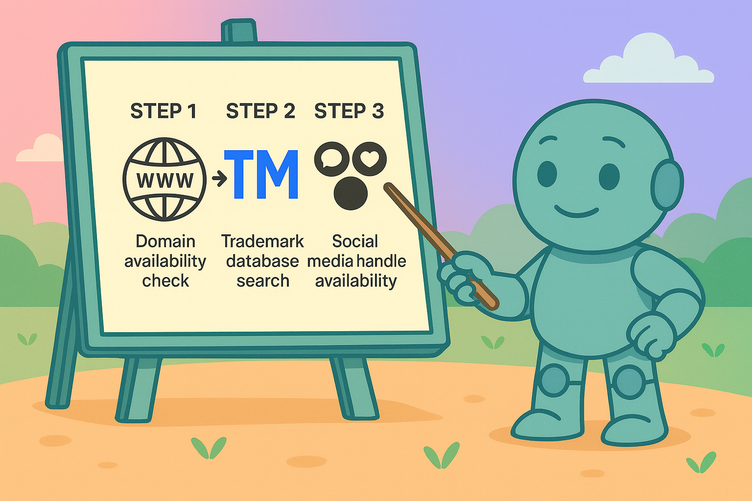 Illustration von Namero vor einer Tafel mit den Schritten Domain Check, Trademark Search und Social Media Verfuegbarkeit.