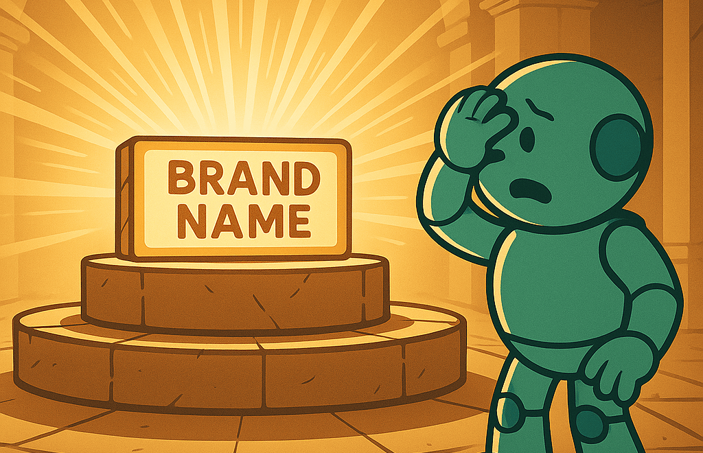 Namero steht nachdenklich vor einem strahlend beleuchteten Sockel mit der Inschrift „Brand Name“ in einem hallenartigen Raum – eine Szene, die die ehrfurchtsvolle Herausforderung der Namensfindung symbolisiert.