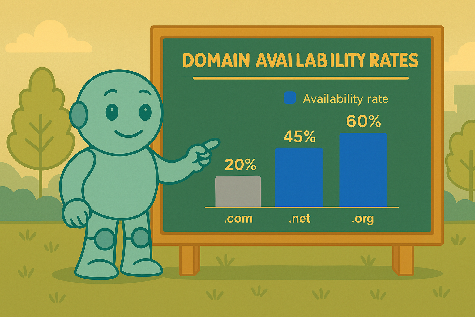 Domain-Verfügbarkeitsraten für .com, .net und .org Illustration mit Namero, dem Maskottchen von NameRobot, das auf eine Tafel mit einem Balkendiagramm zeigt. Darauf sind die Domain-Verfügbarkeiten dargestellt: .com (20 %), .net (45 %) und .org (60 %).