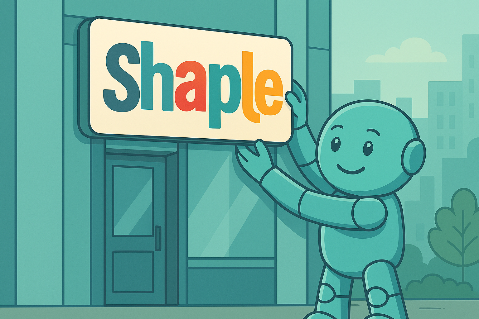 Namero hängt ein buntes Firmenschild mit dem Namen „Shaple“ über dem Eingang eines Geschäfts auf – Symbol für Markenauftritt, Ladenbranding oder Unternehmensgründung.