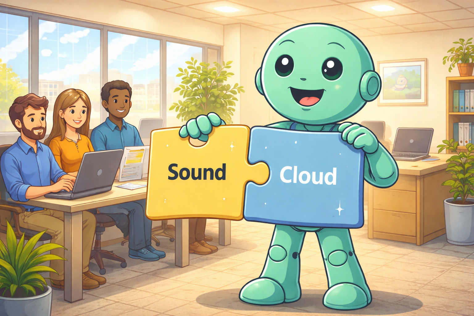 NameRobot Social Share Grafik zu zusammengesetzten Woertern, in der Namero zwei Puzzleteile mit den Woertern Sound und Cloud verbindet.