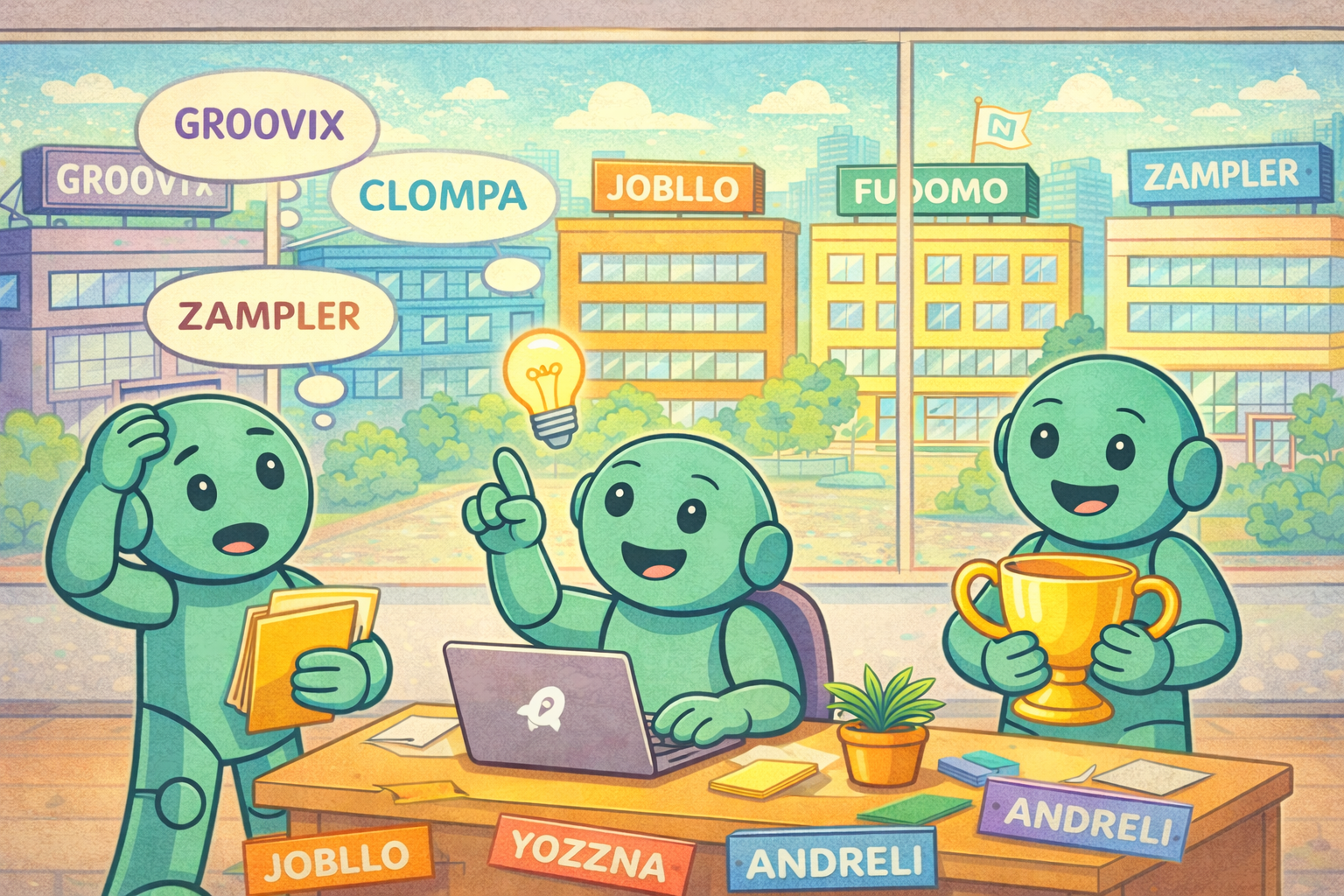 Fantasienamen fuer Start ups und kreative Ideen Namero entwickelt im Team neue Fantasienamen fuer junge Unternehmen in einer Buero Szene mit Stadtkulisse.