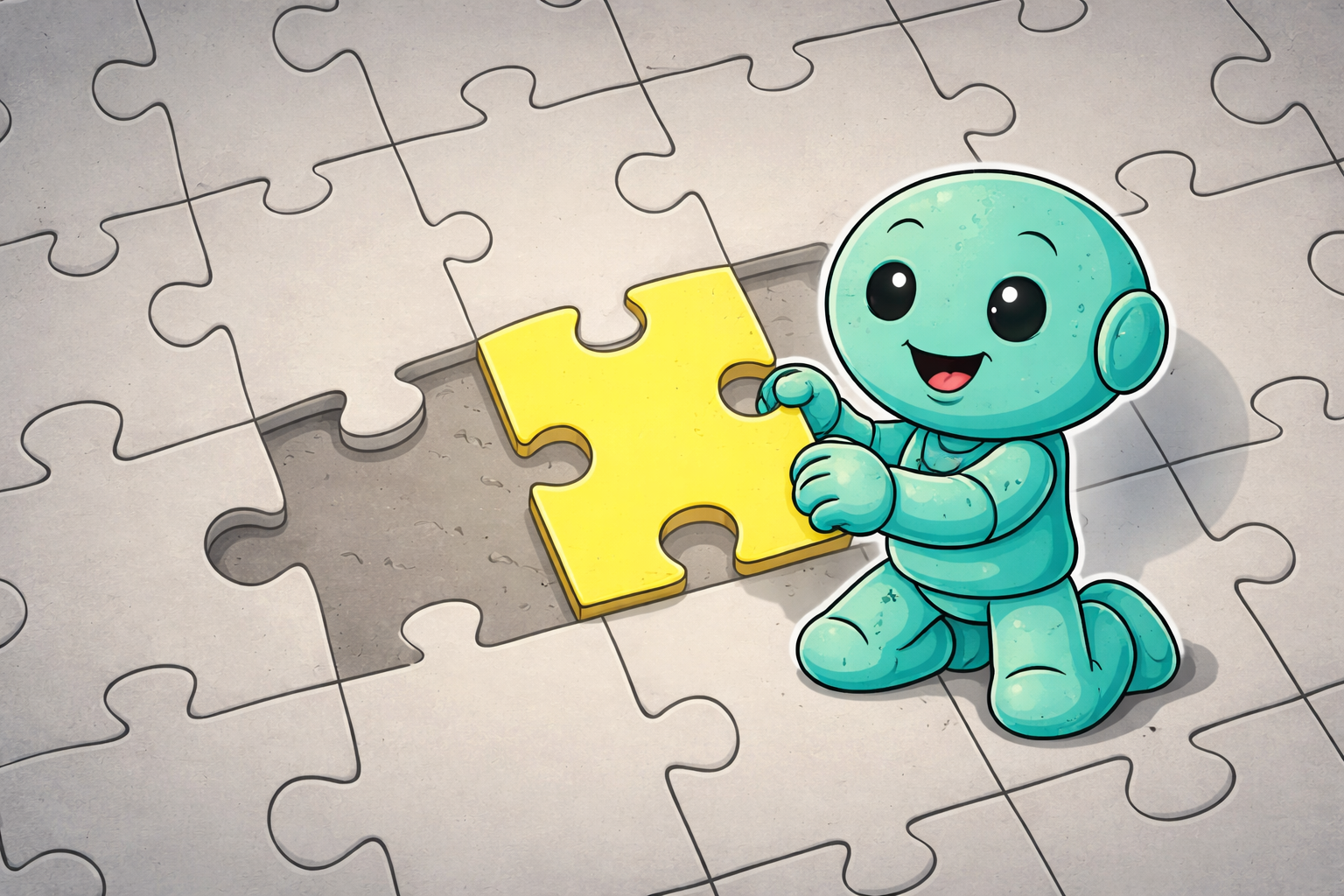 Produktdifferenzierung als fehlendes Puzzleteil Namero setzt ein gelbes Puzzleteil in eine grosse Puzzleflaeche ein und veranschaulicht Differenzierung.