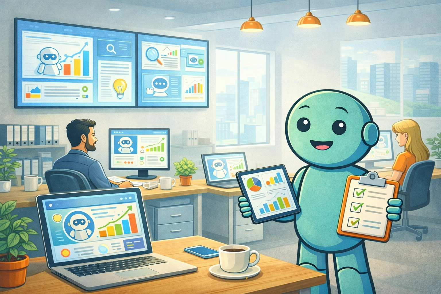 Die besten KI Werkzeuge fuer Marketer in 2026 Namero steht in einem Buero voller Analysebildschirme und KI Dashboards fuer moderne Marketingarbeit.