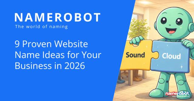 NameRobot Social Share Grafik zu Website Namensideen mit Namero, Puzzleteilen und einer Wortkombination auf einer Bueroflaeche.