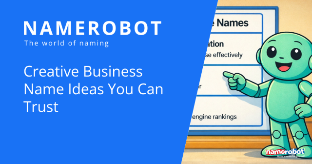 NameRobot Social Share Grafik zu kreativen Geschaeftsnamen mit Namero vor einer Tafel ueber beschreibende und markenfaehige Namen.