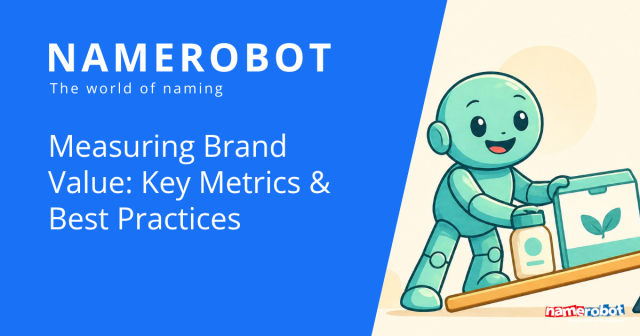 NameRobot Social Share Grafik zum Thema Markenwert mit Namero an einer Waage zwischen nachhaltigen Produkten und Geldsymbol.